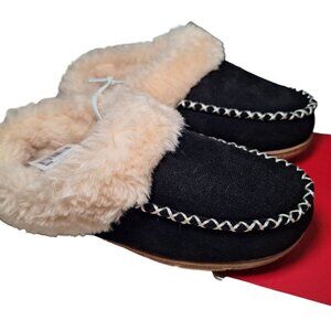Falls Creek Slippers Lined Black Faux Fur Womens Small 5 6 Winter Warm Cozy‎